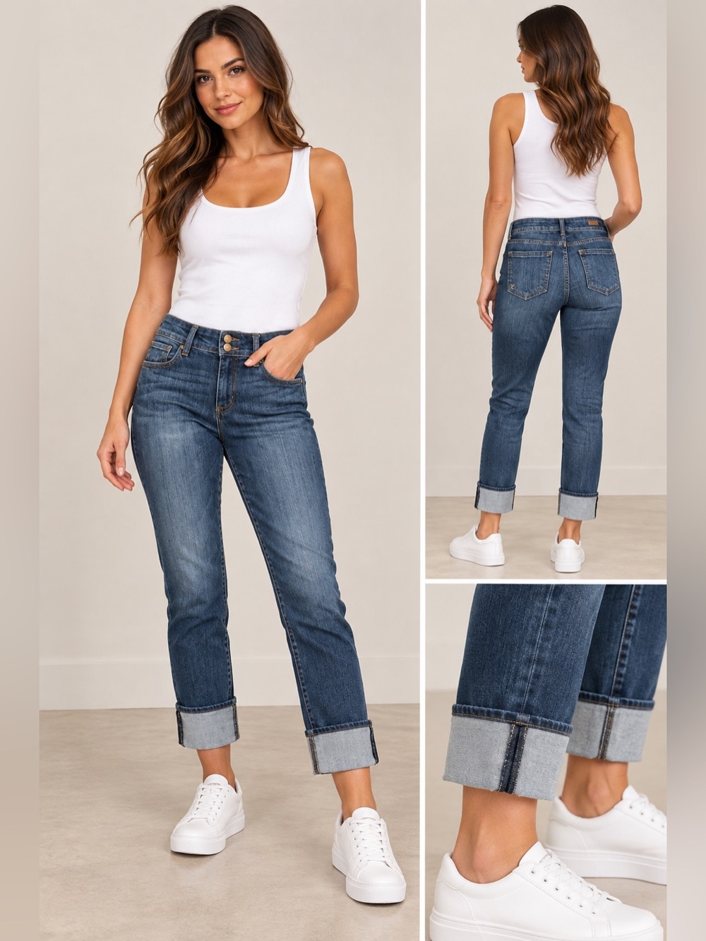 Kut From The Kloth Cameron Cuff Ankle Straight Leg Jeans Dark Wash Blue 2